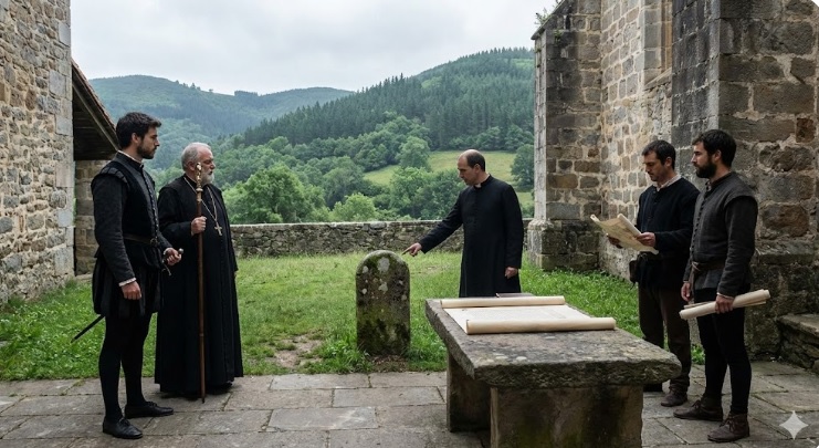 Recreación del juicio en el cementerio de Usurbil con la iglesia de fondo